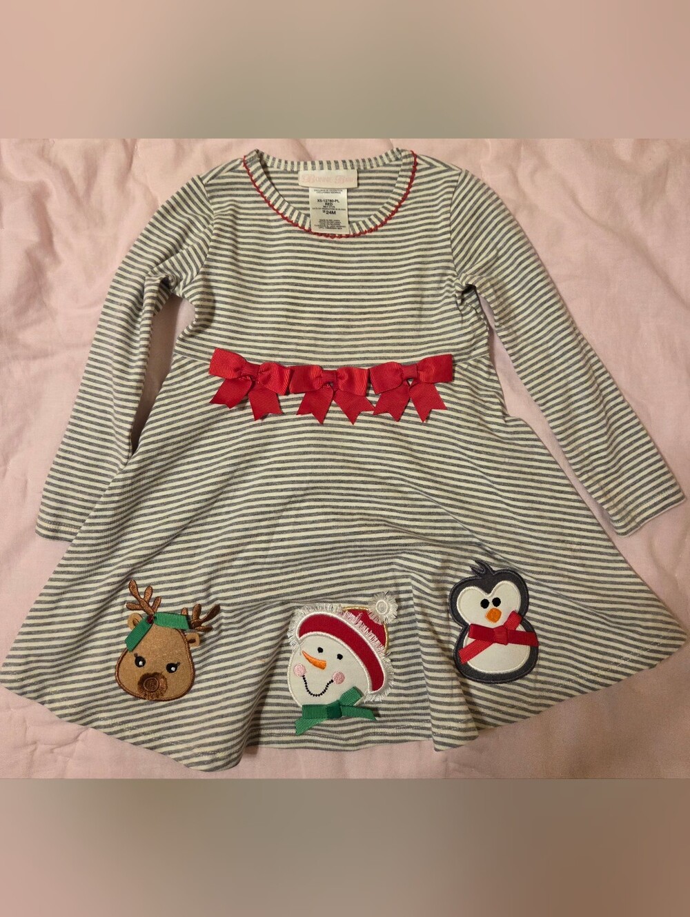 Girls' 24M Striped Holiday Bow-Appliqué Dress